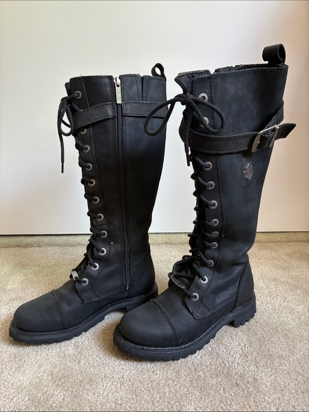 Harley-Davidson Black Lace-Up Knee High Combat Boots with Buckle